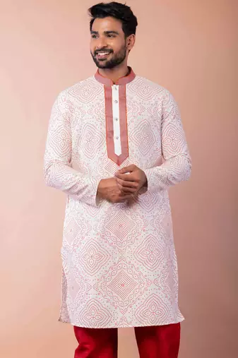 cream white dupion kurta pyjama set for men with printed design