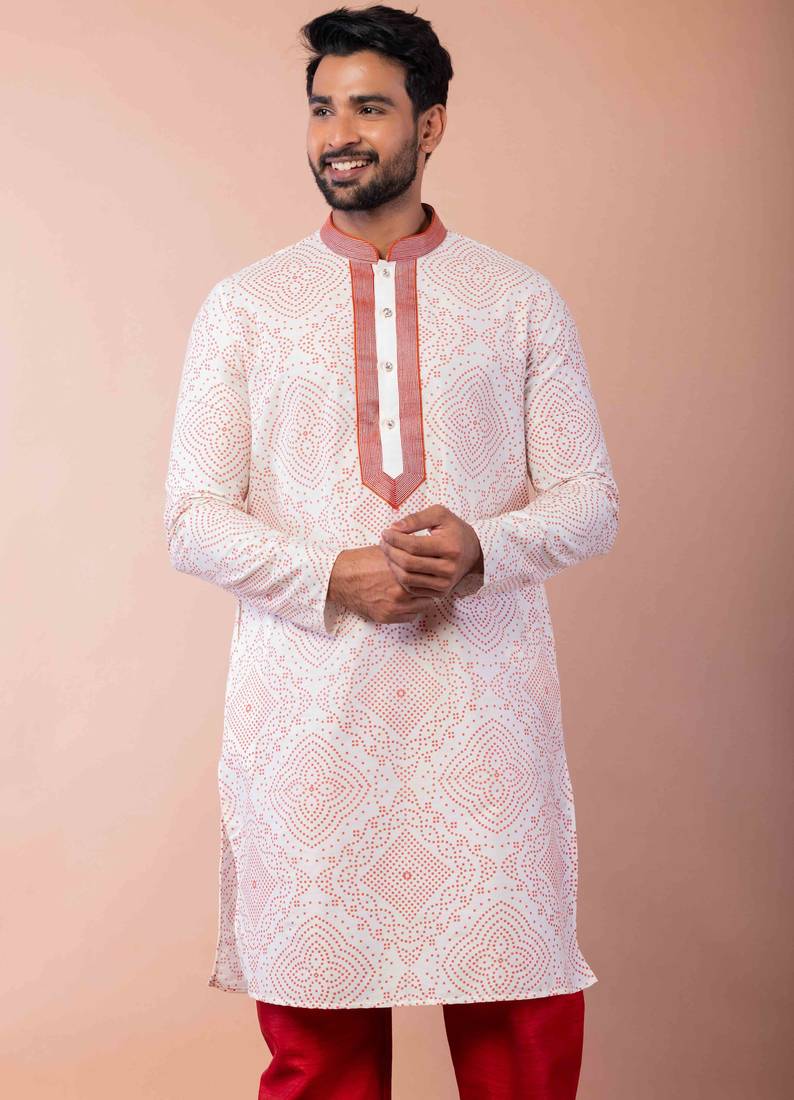 cream white dupion kurta pyjama set for men with printed design