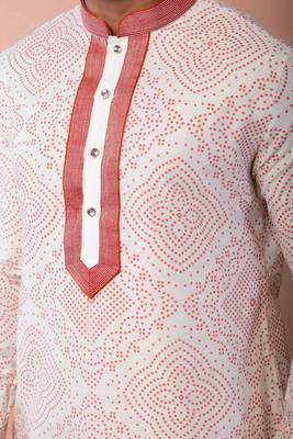cream white dupion kurta pyjama set for men with printed design 4