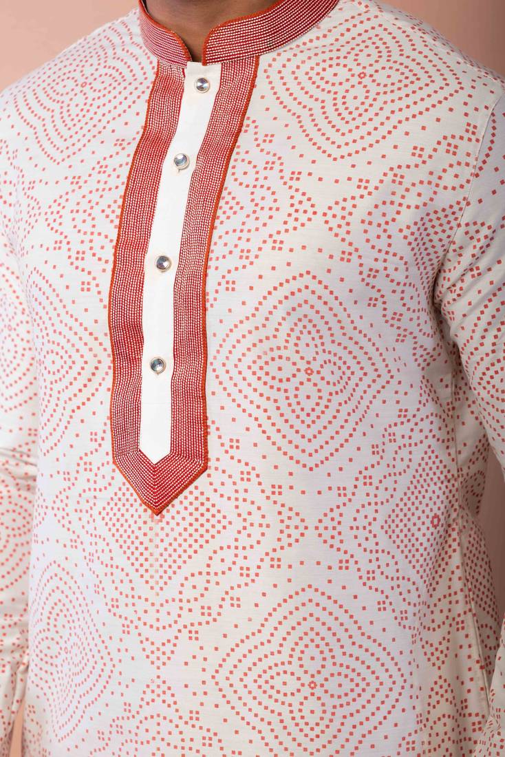 cream white dupion kurta pyjama set for men with printed design