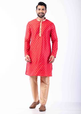 red dupion kurta pyjama set for men with printed design 1