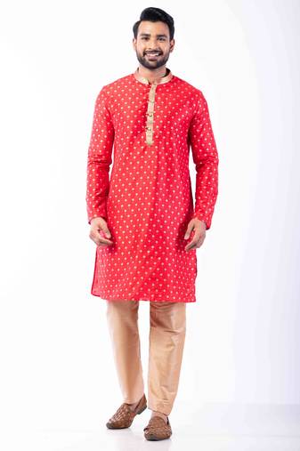 red dupion kurta pyjama set for men with printed design