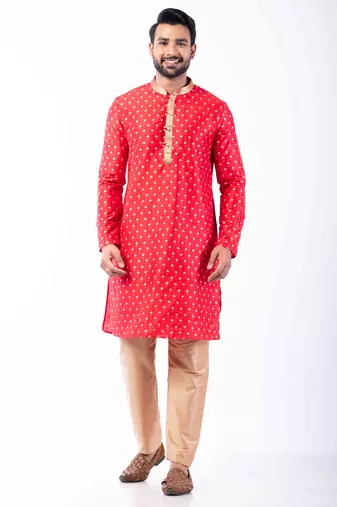 red dupion kurta pyjama set for men with printed design