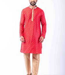 red dupion kurta pyjama set for men with printed design