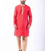 red dupion kurta pyjama set for men with printed design