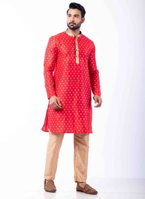 red dupion kurta pyjama set for men with printed design 2