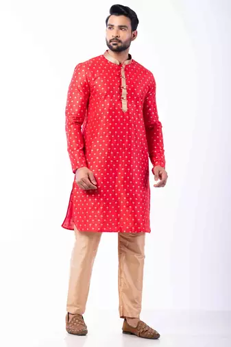 red dupion kurta pyjama set for men with printed design
