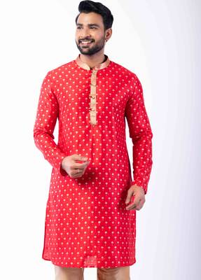 red dupion kurta pyjama set for men with printed design 3