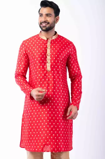 red dupion kurta pyjama set for men with printed design