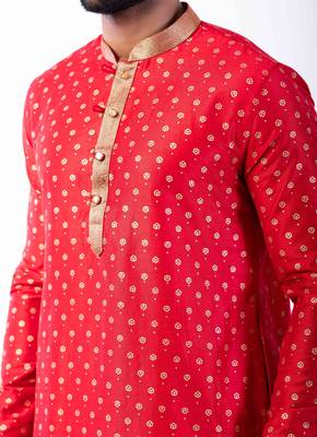 red dupion kurta pyjama set for men with printed design 4