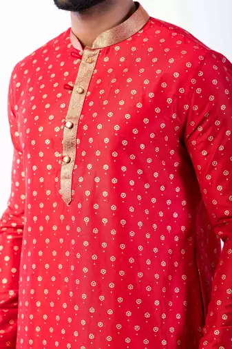red dupion kurta pyjama set for men with printed design