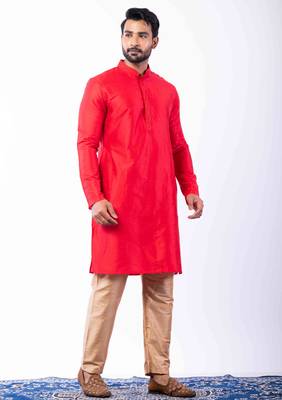 red dupion kurta pyjama set for men with printed design 1