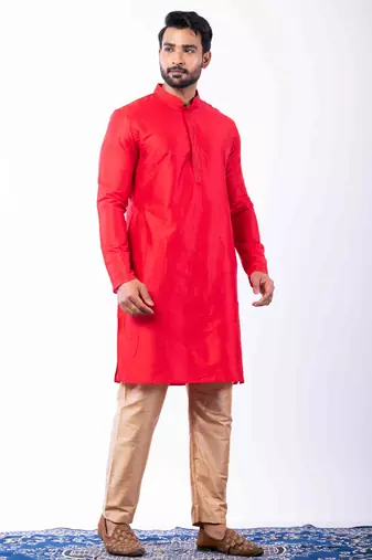 red dupion kurta pyjama set for men with printed design