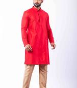 red dupion kurta pyjama set for men with printed design