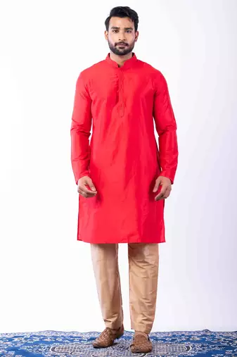 red dupion kurta pyjama set for men with printed design