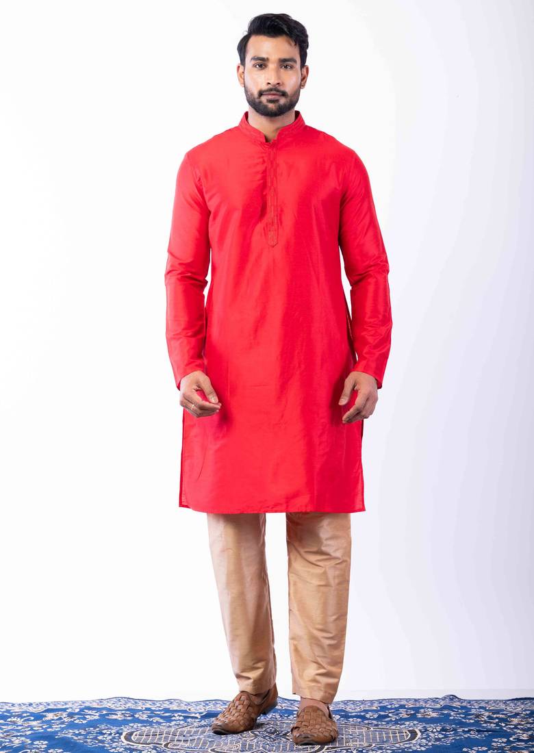 red dupion kurta pyjama set for men with printed design