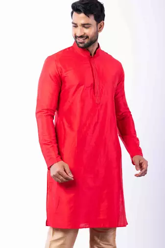 red dupion kurta pyjama set for men with printed design
