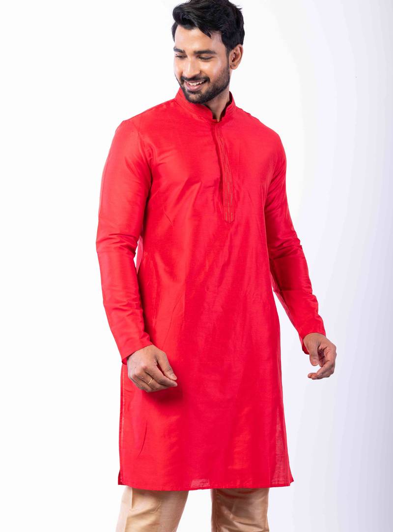 red dupion kurta pyjama set for men with printed design