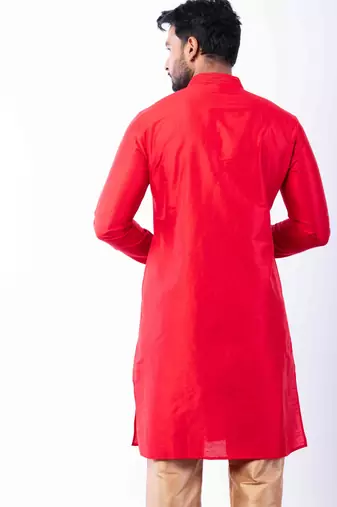red dupion kurta pyjama set for men with printed design