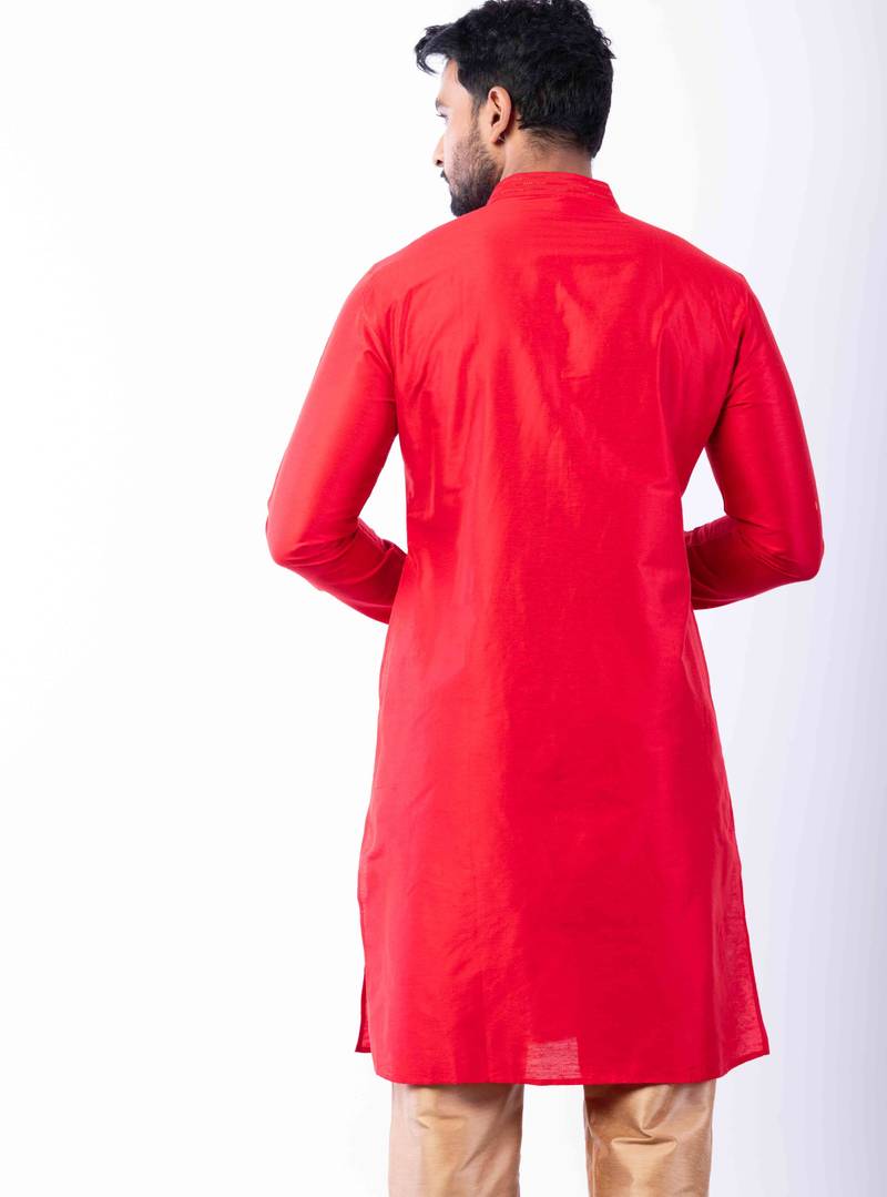 red dupion kurta pyjama set for men with printed design