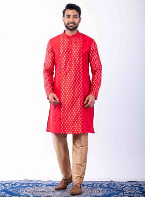 red dupion kurta pyjama set for men with printed design 1