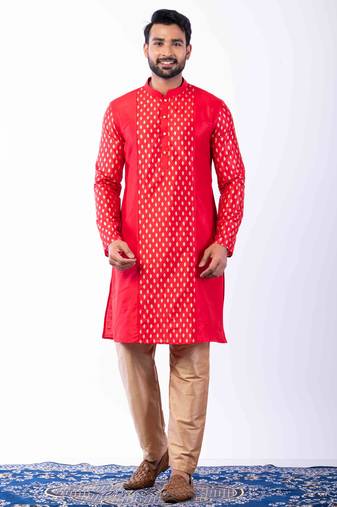 red dupion kurta pyjama set for men with printed design