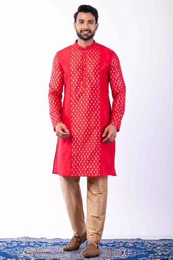 red dupion kurta pyjama set for men with printed design