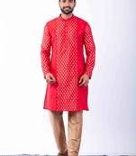 red dupion kurta pyjama set for men with printed design