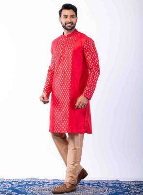 red dupion kurta pyjama set for men with printed design 2