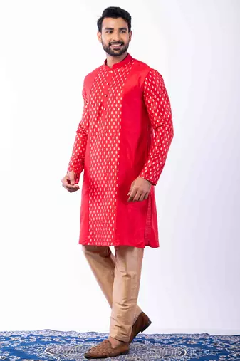 red dupion kurta pyjama set for men with printed design