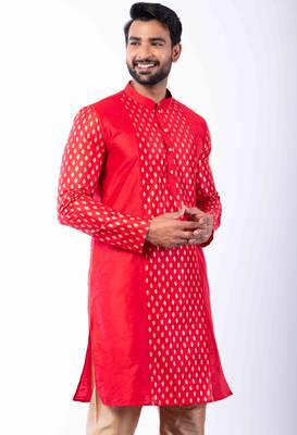 red dupion kurta pyjama set for men with printed design 3