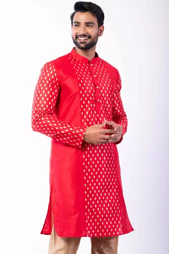 red dupion kurta pyjama set for men with printed design