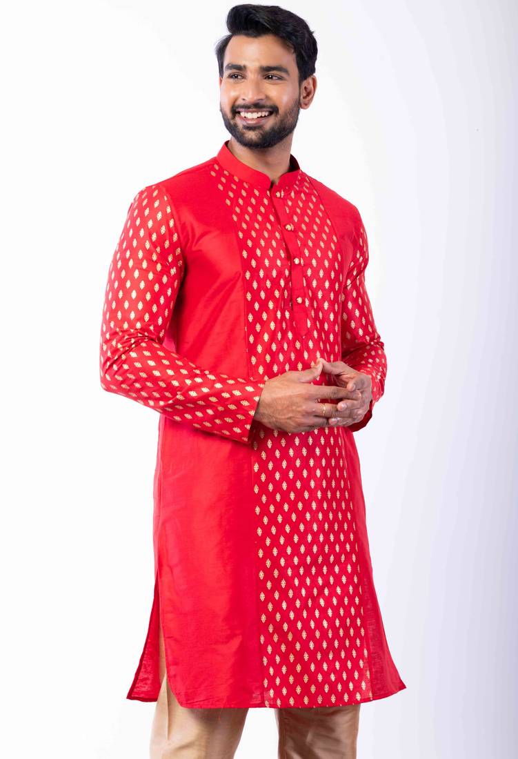 red dupion kurta pyjama set for men with printed design