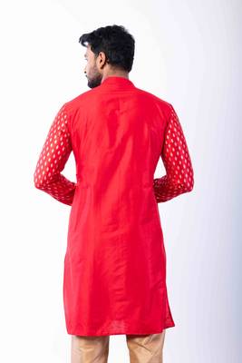 red dupion kurta pyjama set for men with printed design 4
