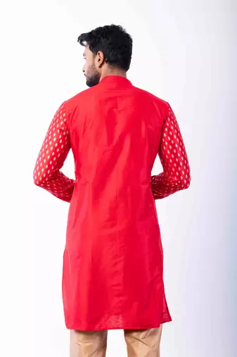 red dupion kurta pyjama set for men with printed design