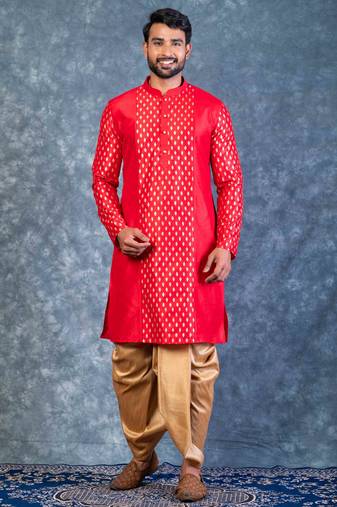 red dupion kurta dhoti  set for men with embroidered work