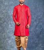 red dupion kurta dhoti  set for men with embroidered work