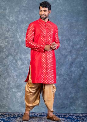 red dupion kurta dhoti  set for men with embroidered work 2