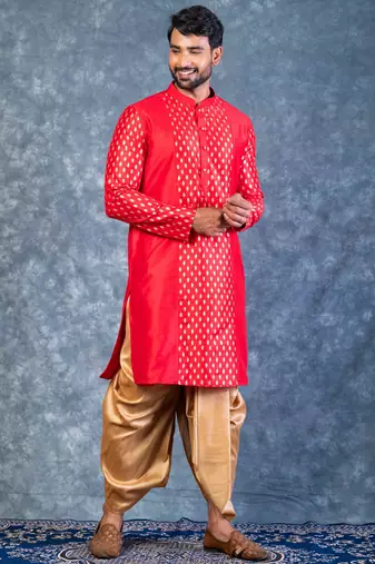 red dupion kurta dhoti  set for men with embroidered work