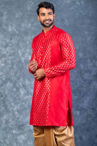 red dupion kurta dhoti  set for men with embroidered work