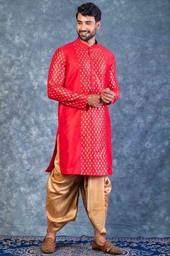 red dupion kurta dhoti  set for men with embroidered work