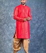 red dupion kurta dhoti  set for men with embroidered work