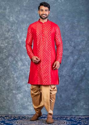 red dupion kurta dhoti  set for men with embroidered work 2