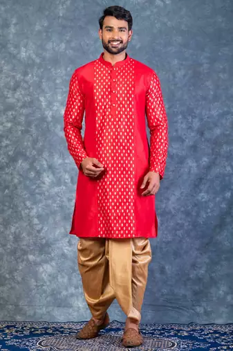 red dupion kurta dhoti  set for men with embroidered work