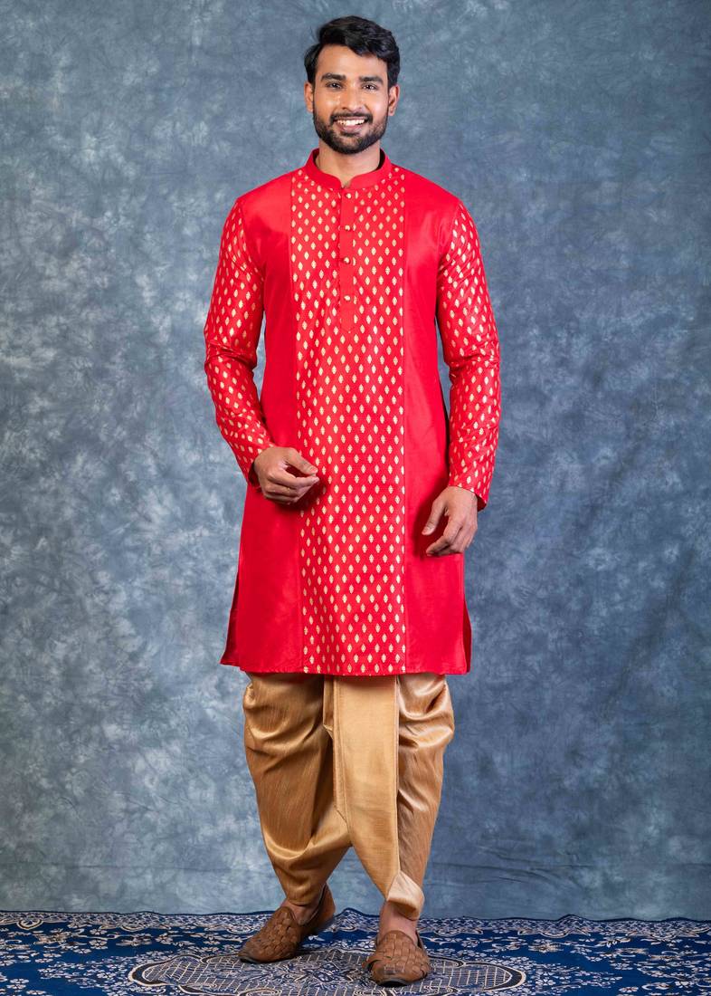 red dupion kurta dhoti  set for men with embroidered work