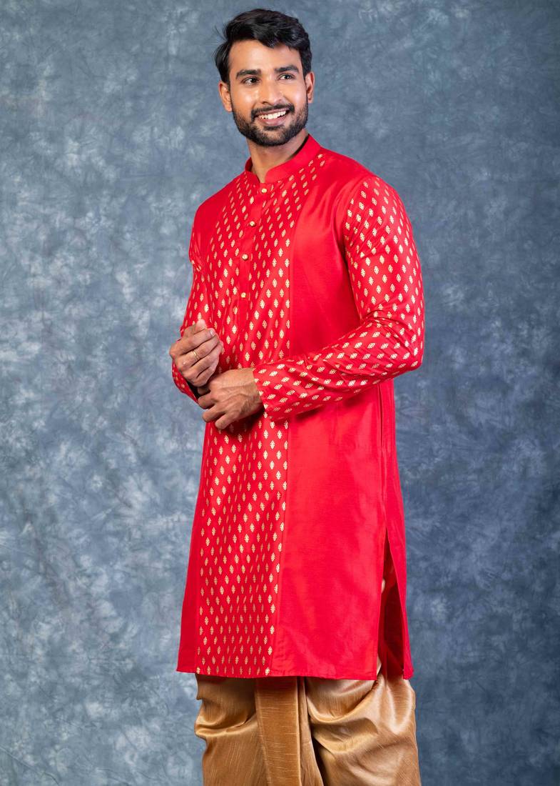 red dupion kurta dhoti  set for men with embroidered work