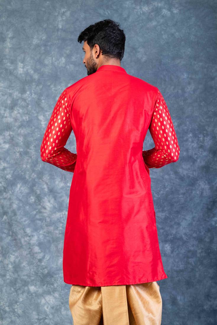 red dupion kurta dhoti  set for men with embroidered work