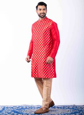 red dupion kurta pyjama set for men with printed design 1