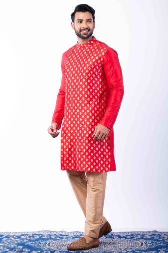red dupion kurta pyjama set for men with printed design