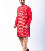 red dupion kurta pyjama set for men with printed design